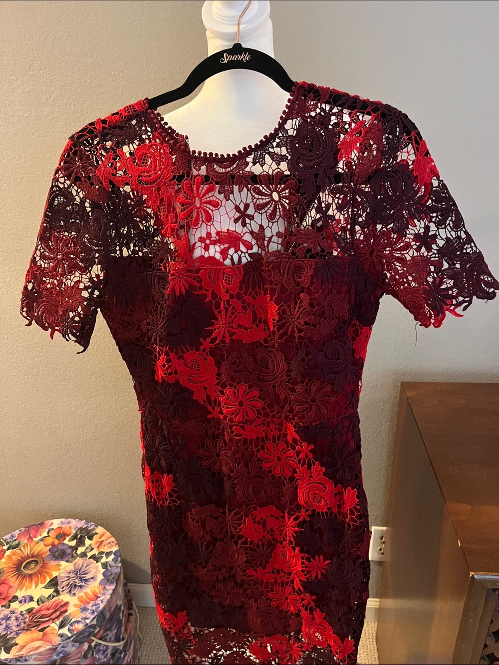 NWOT Lulu's Burgundy and Red  Black Floral Lace Midi Dress Size S